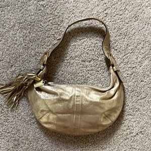 Coach Gold Metallic Leather Hobo Shoulder Bag Purse with Tassel